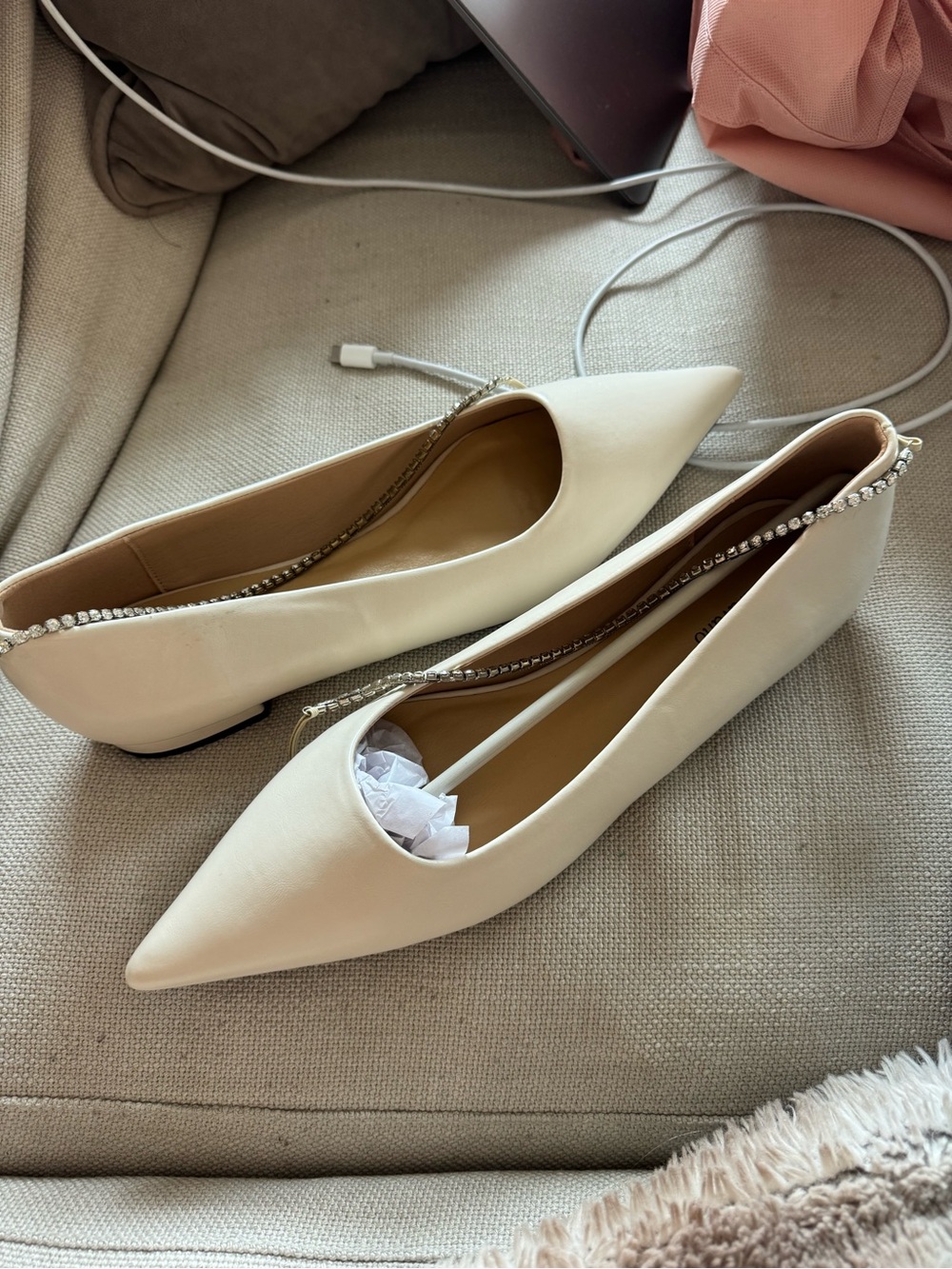 NWT c. Paravano Women's Pointed Flat with Crystal Trim - Cream ivory